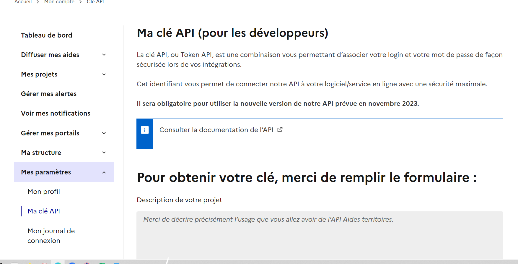 Capture d’écran de la page Ma clé API dans Mes paramètres
